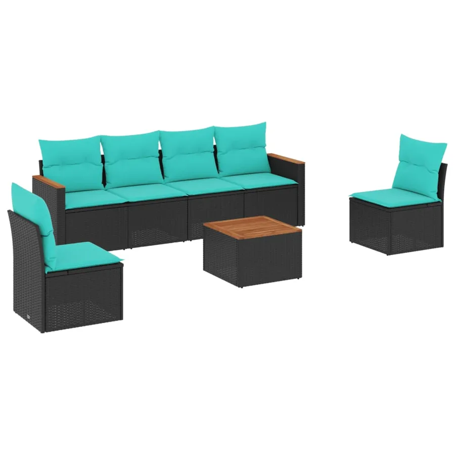 Ensemble de canapé de jardin 7 pcs avec coussins noir résine tressée - 2