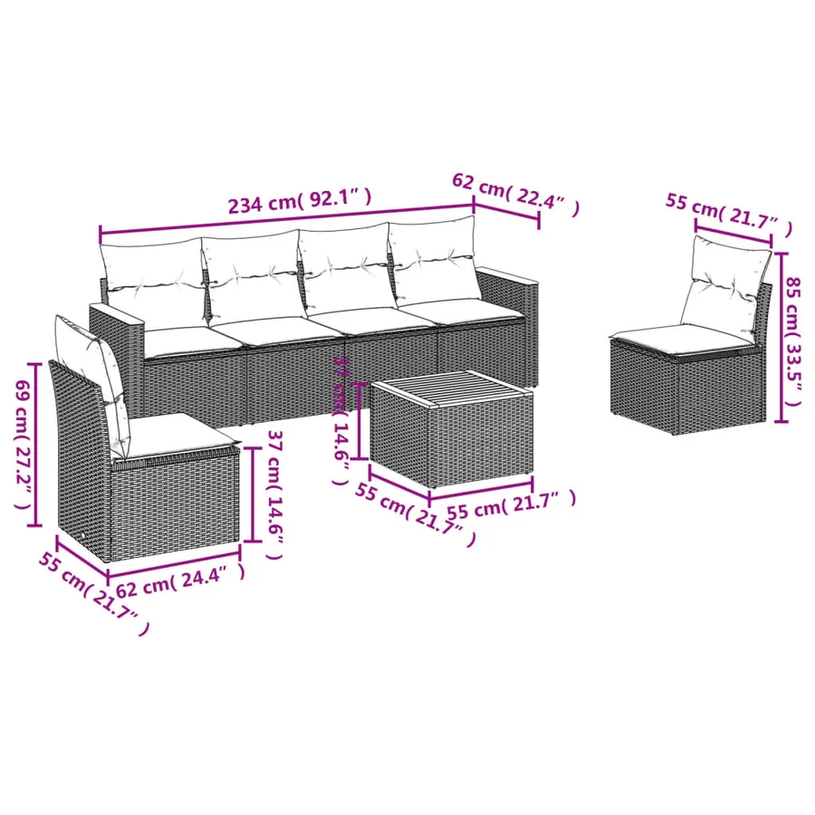 Ensemble de canapé de jardin 7 pcs avec coussins noir résine tressée - 8