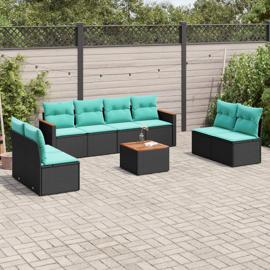 Ensemble de canapé de jardin 9 pcs avec coussins noir résine tressée