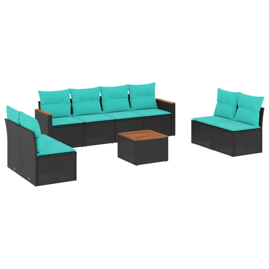 Ensemble de canapé de jardin 9 pcs avec coussins noir résine tressée - 2