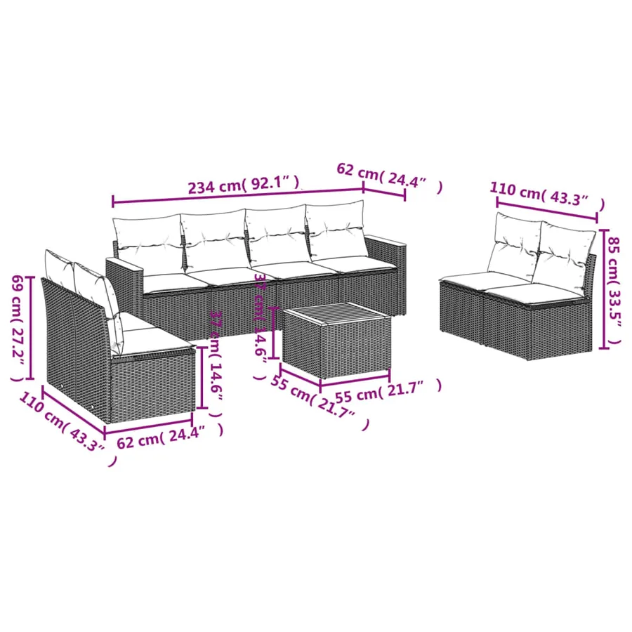 Ensemble de canapé de jardin 9 pcs avec coussins noir résine tressée - 8