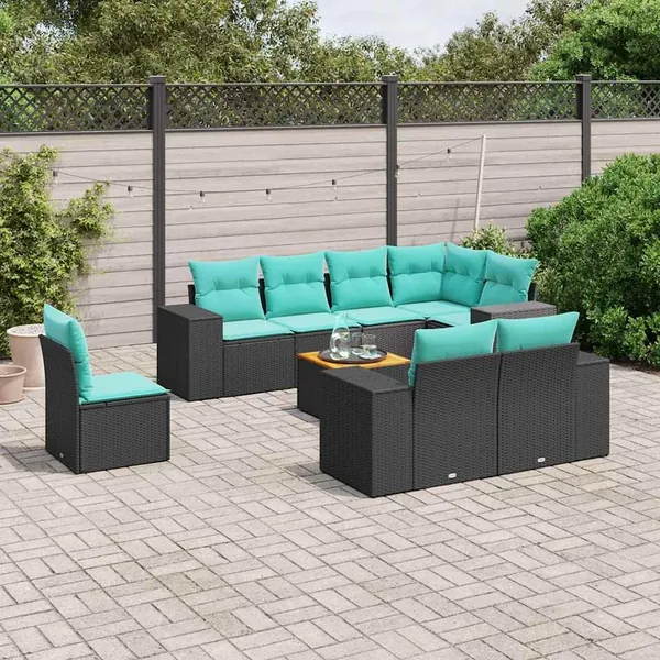 Ensemble de canapé de jardin 9 pcs avec coussins noir résine tressée