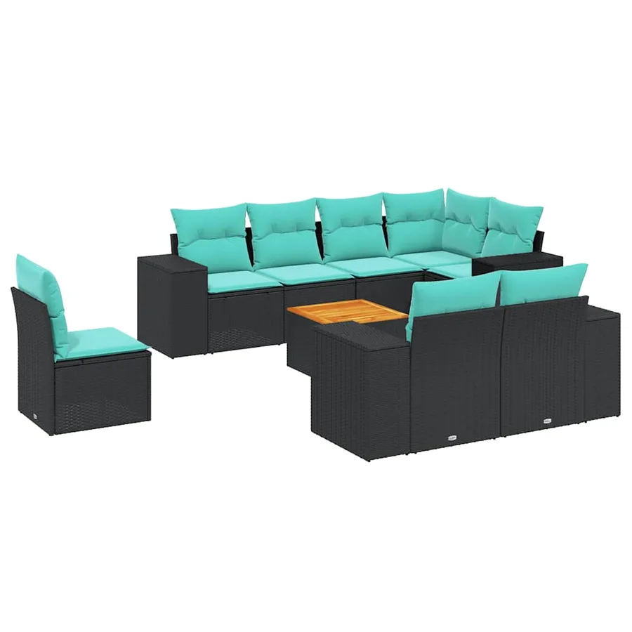 Ensemble de canapé de jardin 9 pcs avec coussins noir résine tressée - 2