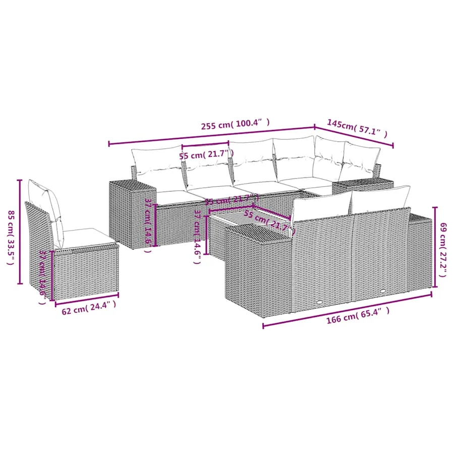 Ensemble de canapé de jardin 9 pcs avec coussins noir résine tressée - 8