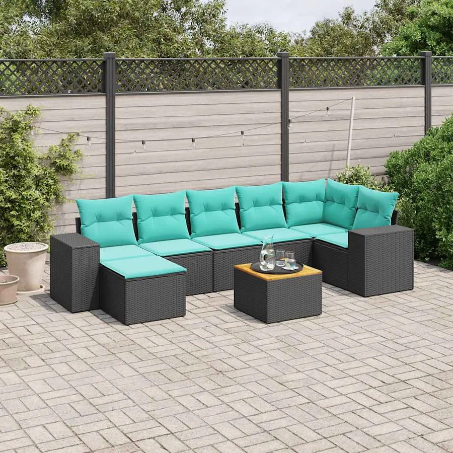 Ensemble de canapé de jardin 8 pcs avec coussins noir résine tressée