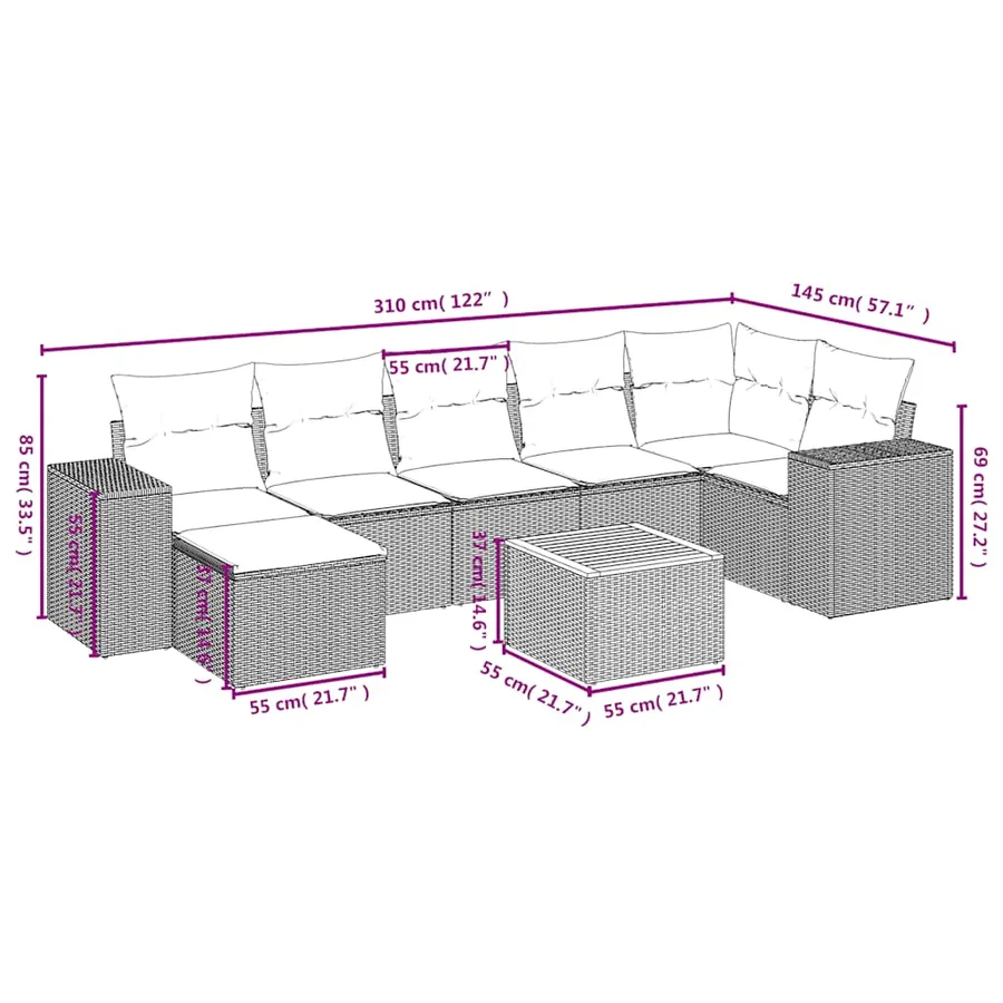 Ensemble de canapé de jardin 8 pcs avec coussins noir résine tressée - 9