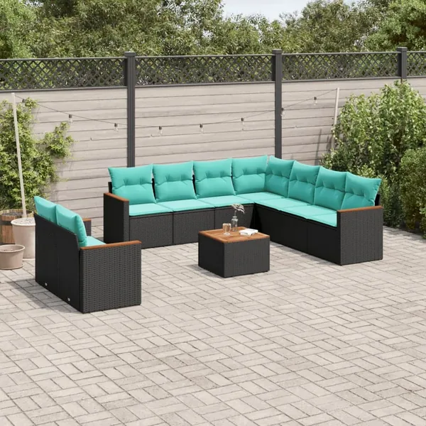Ensemble de canapé de jardin 10 pcs avec coussins noir résine tressée