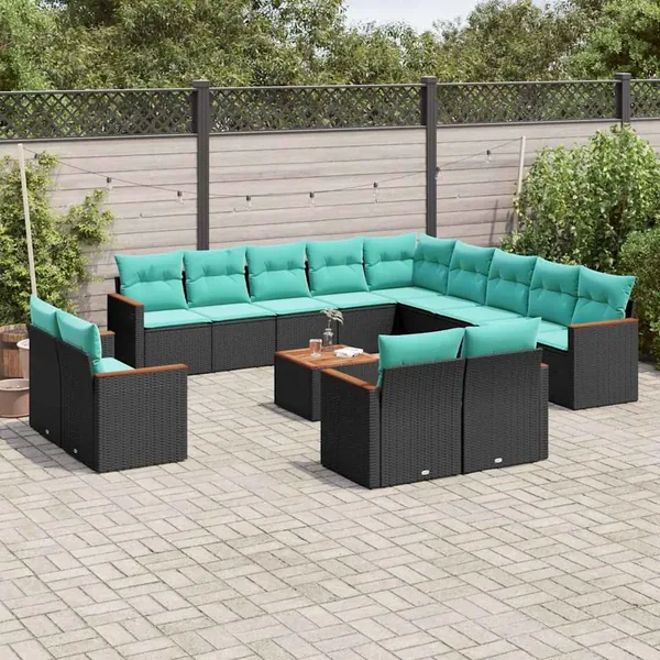 Ensemble de canapé de jardin 14 pcs avec coussins noir résine tressée