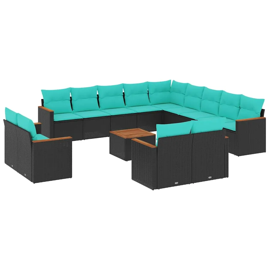 Ensemble de canapé de jardin 14 pcs avec coussins noir résine tressée - 2