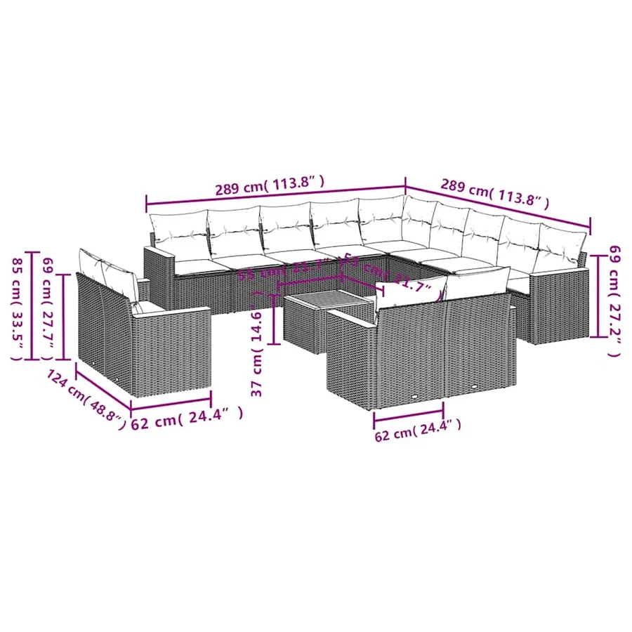 Ensemble de canapé de jardin 14 pcs avec coussins noir résine tressée - 8