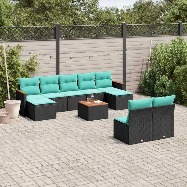 Ensemble de canapé de jardin 10 pcs avec coussins noir résine tressée