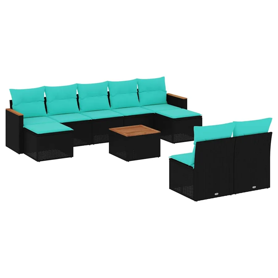 Ensemble de canapé de jardin 10 pcs avec coussins noir résine tressée - 2