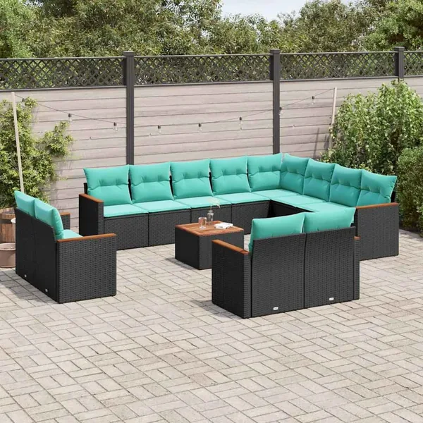Ensemble de canapé de jardin 13 pcs avec coussins noir résine tressée