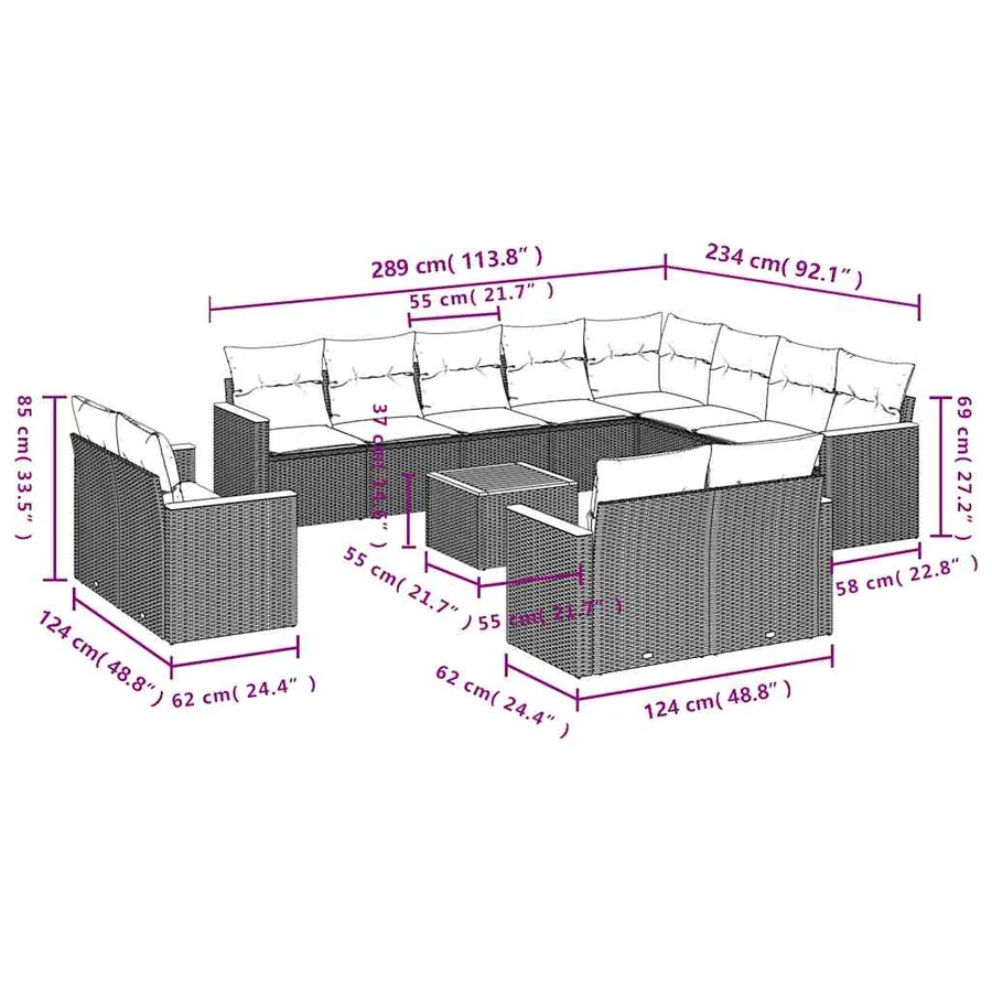 Ensemble de canapé de jardin 13 pcs avec coussins noir résine tressée - 8