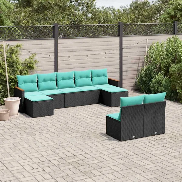 Salon de jardin 9 pcs avec coussins noir résine tressée
