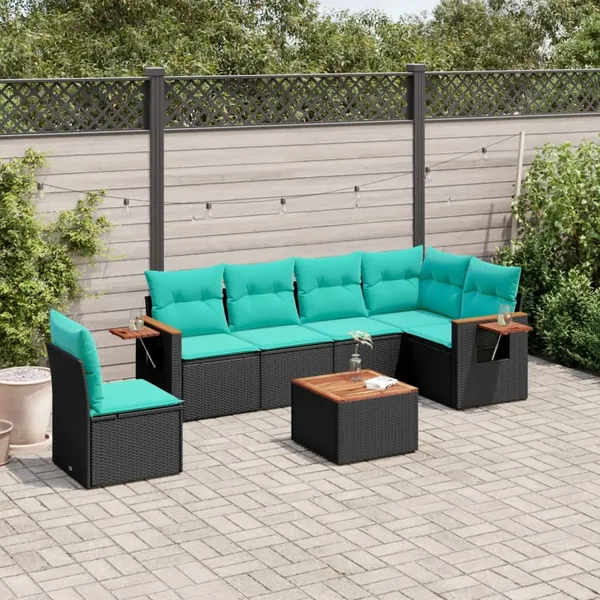 Salon de jardin 7 pcs avec coussins noir résine tressée 62 x 62 x 69 cm - 57,2 kg