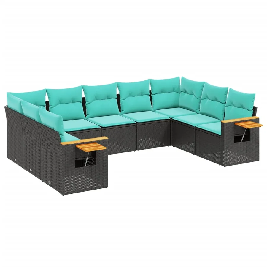 Salon de jardin 9 pcs avec coussins noir résine tressée - 2