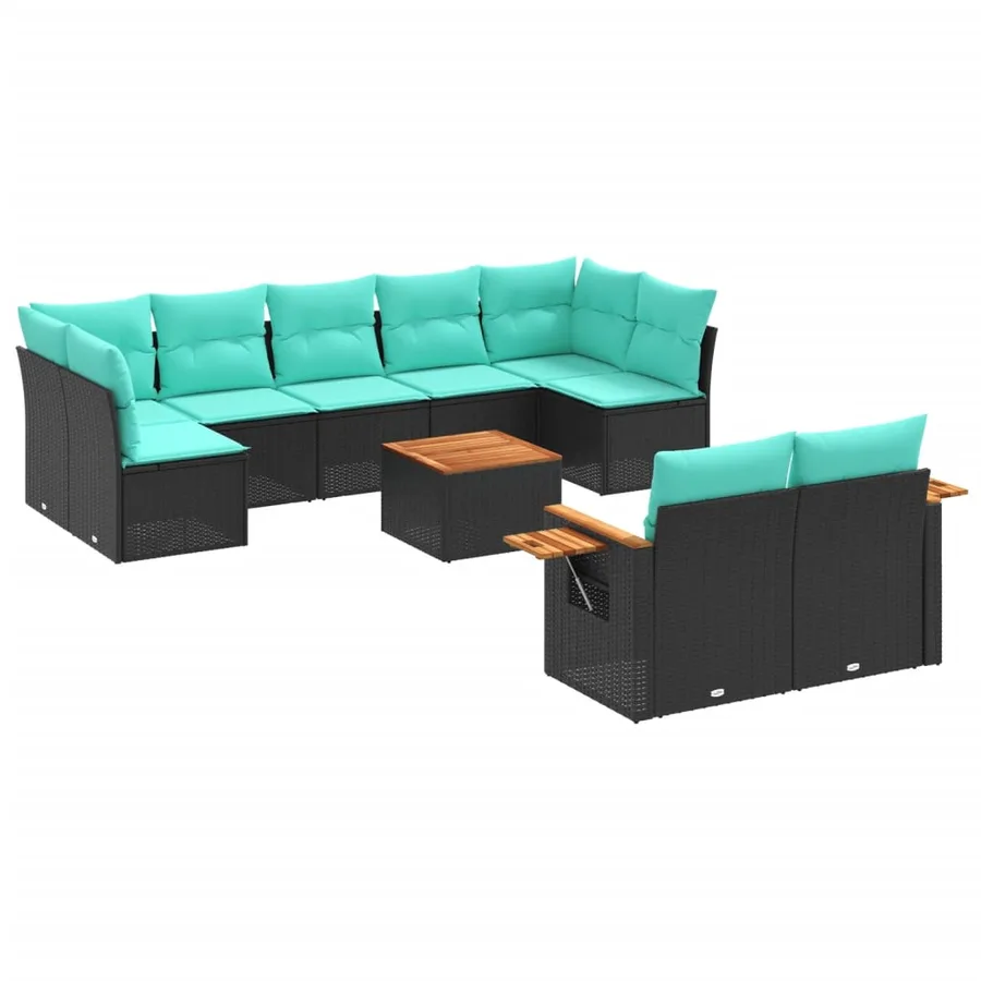 Salon de jardin 10 pcs avec coussins noir résine tressée - 2