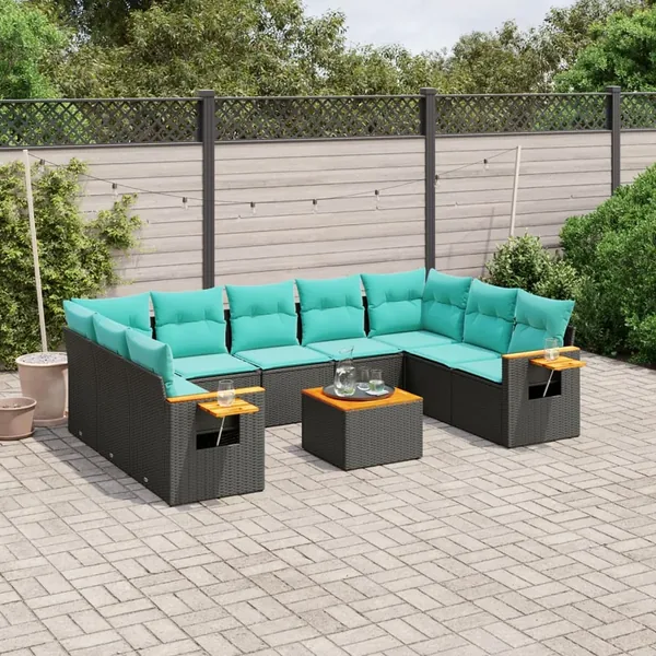 Salon de jardin 10 pcs avec coussins noir résine tressée