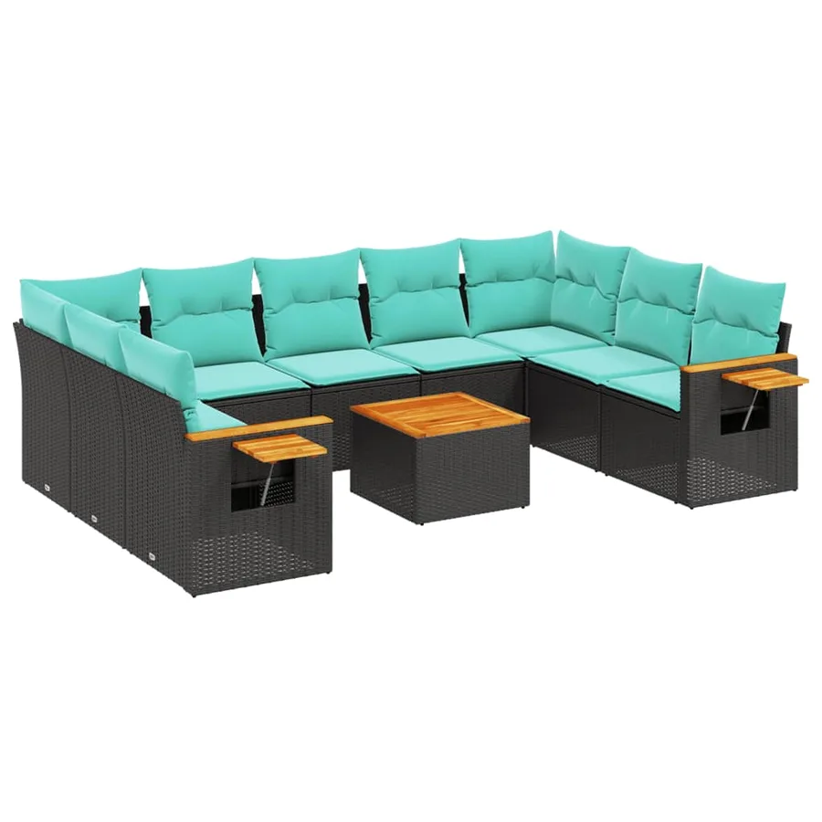 Salon de jardin 10 pcs avec coussins noir résine tressée - 2