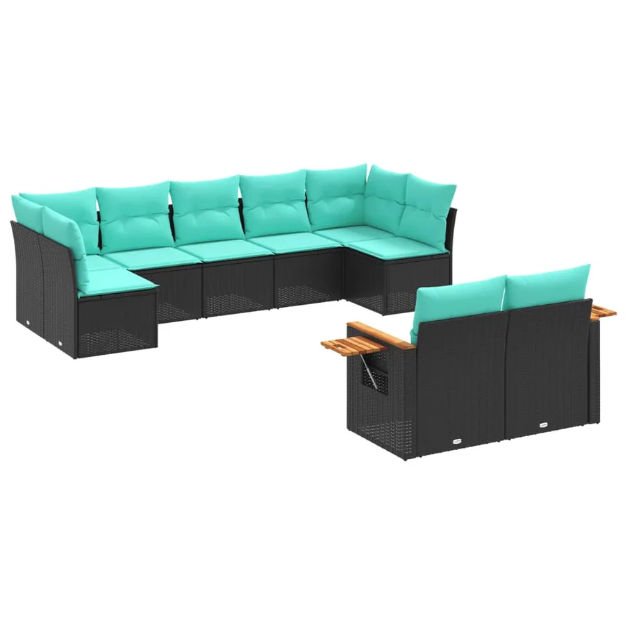 Salon de jardin 9 pcs avec coussins noir résine tressée - 2
