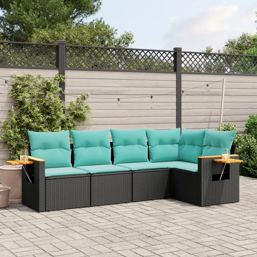 Salon de jardin 5 pcs avec coussins noir résine tressée