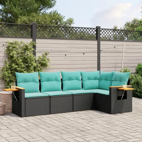 Salon de jardin 5 pcs avec coussins noir résine tressée