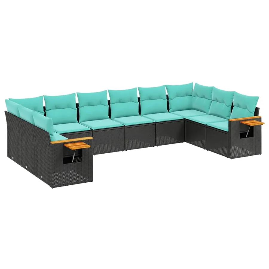 Salon de jardin 10 pcs avec coussins noir résine tressée - 2