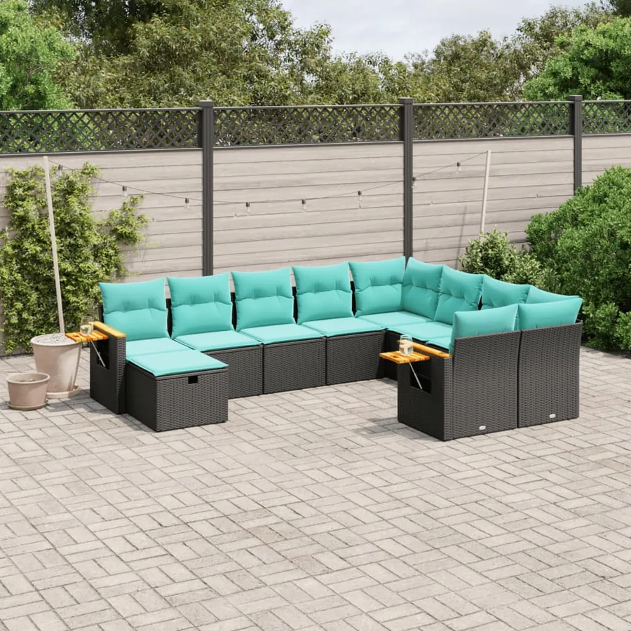 Salon de jardin 10 pcs avec coussins noir résine tressée