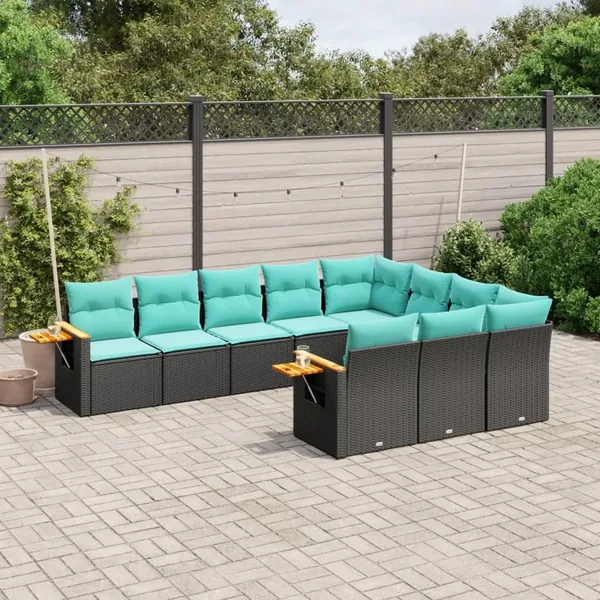 Salon de jardin 10 pcs avec coussins noir résine tressée