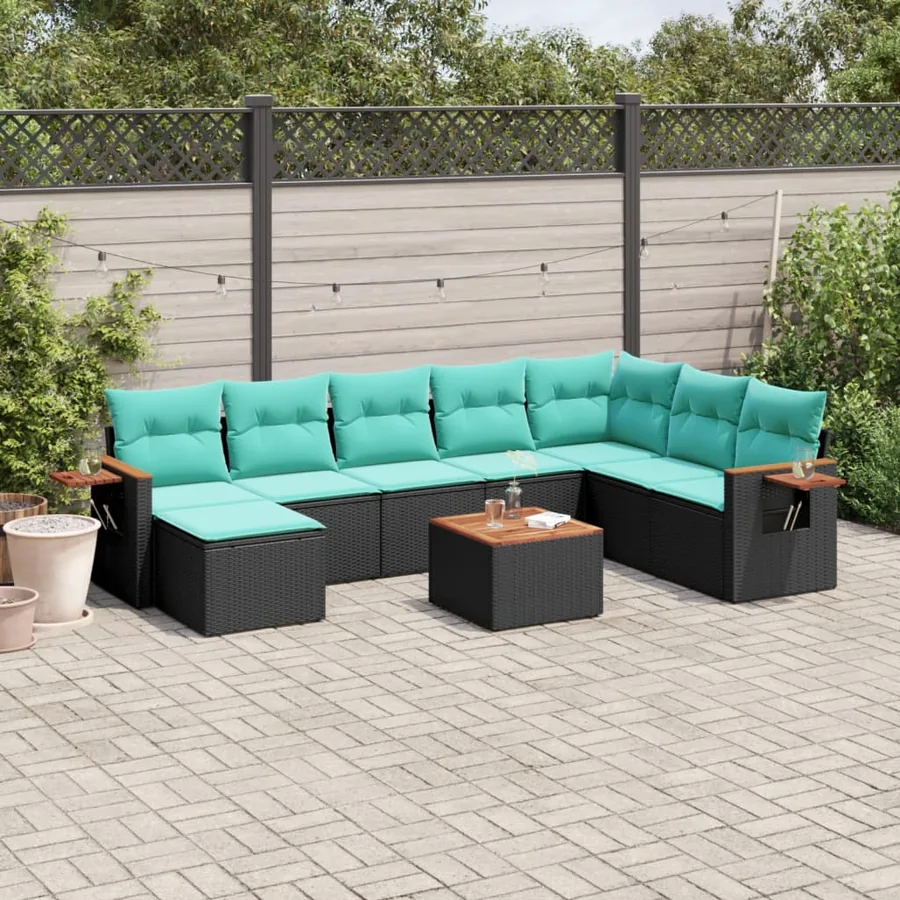 Salon de jardin 9 pcs avec coussins noir résine tressée