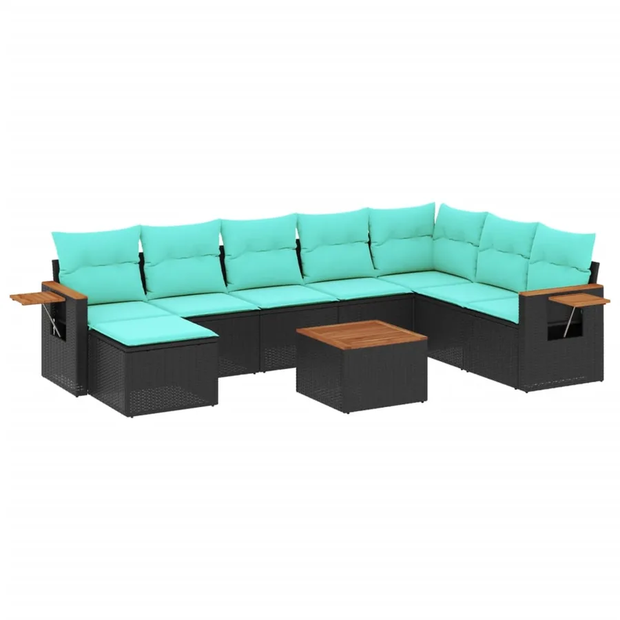 Salon de jardin 9 pcs avec coussins noir résine tressée - 2