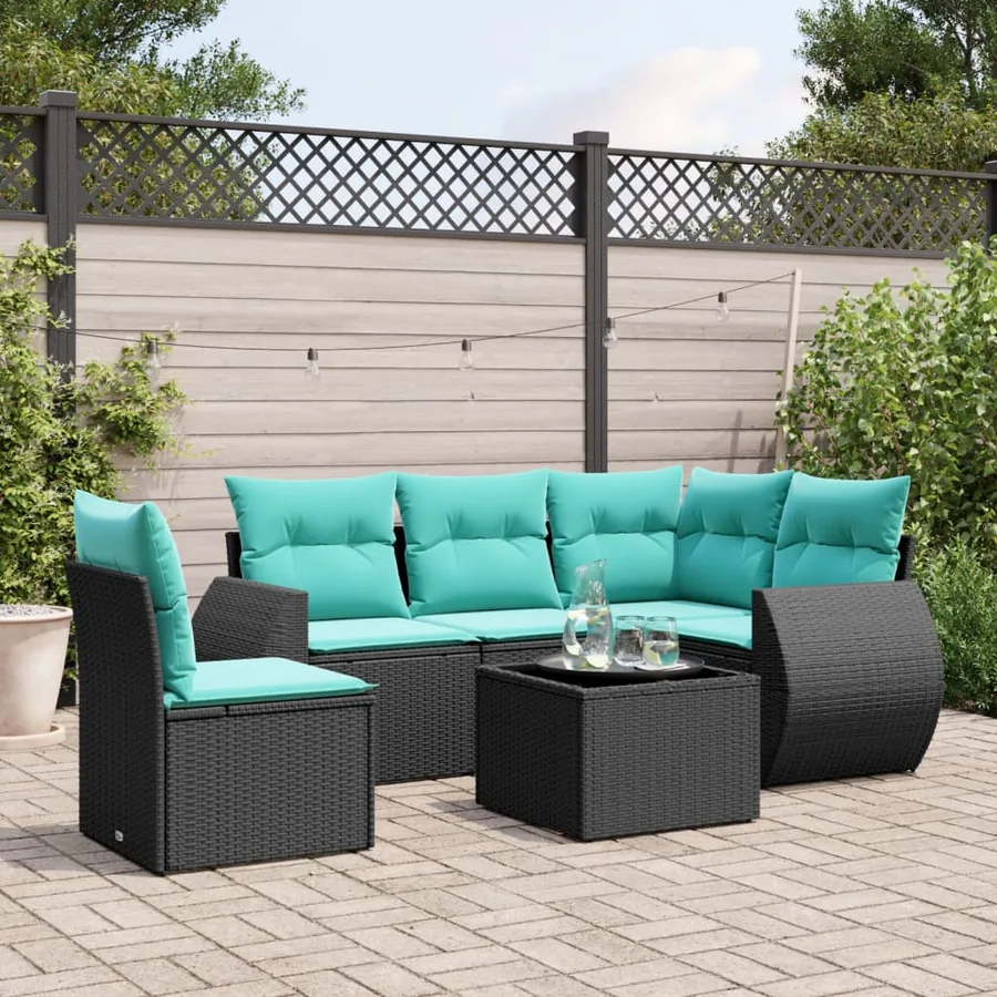 Ensemble de canapé de jardin 6 pcs avec coussins noir résine tressée