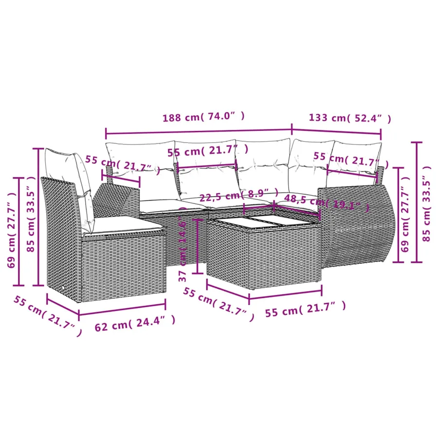Ensemble de canapé de jardin 6 pcs avec coussins noir résine tressée - 8
