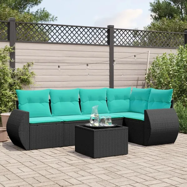 Ensemble de canapé de jardin 6 pcs avec coussins noir résine tressée