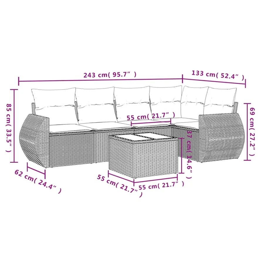 Ensemble de canapé de jardin 6 pcs avec coussins noir résine tressée - 8