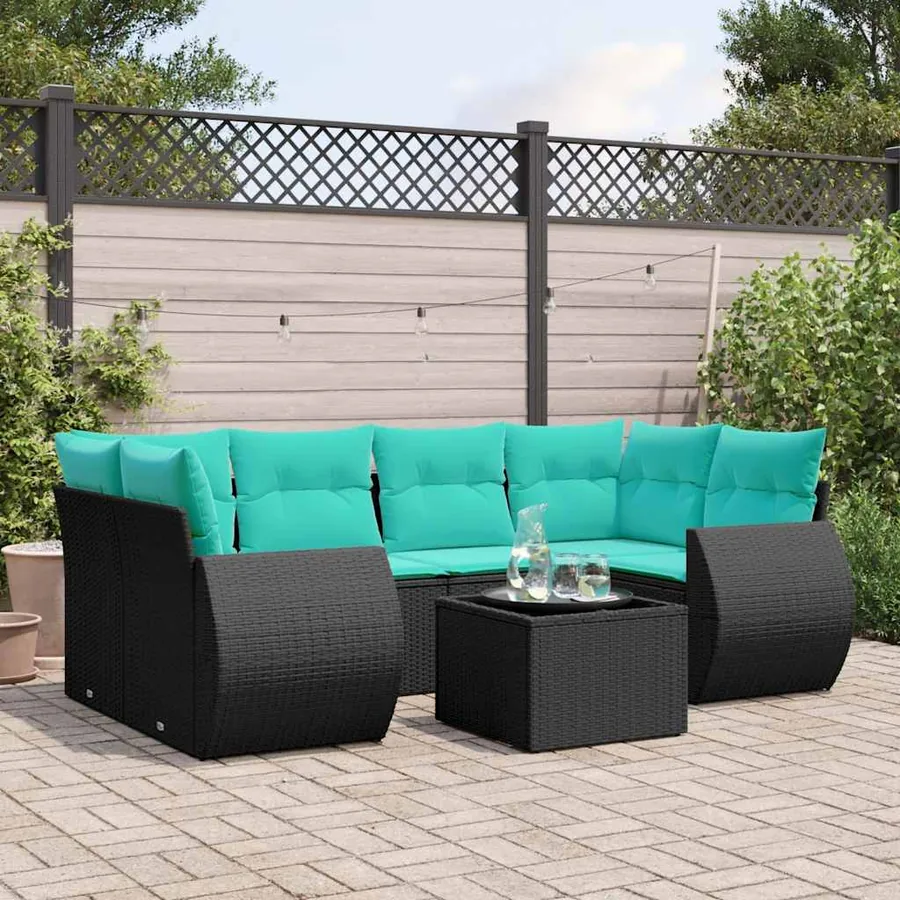 Ensemble de canapé de jardin 7 pcs avec coussins noir résine tressée