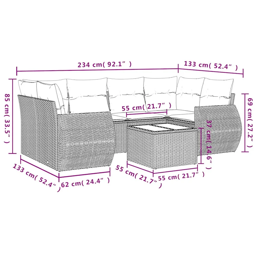 Ensemble de canapé de jardin 7 pcs avec coussins noir résine tressée - 8