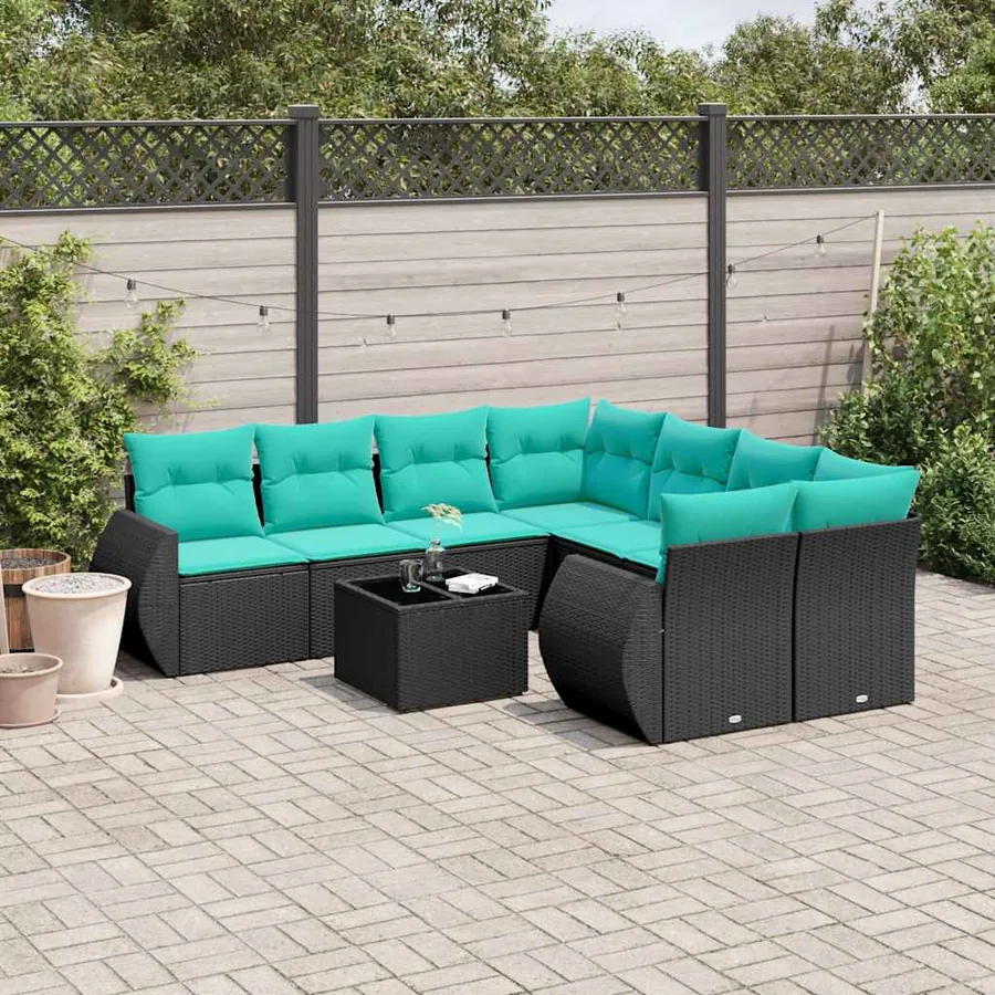 Ensemble de canapé de jardin 9 pcs avec coussins noir résine tressée