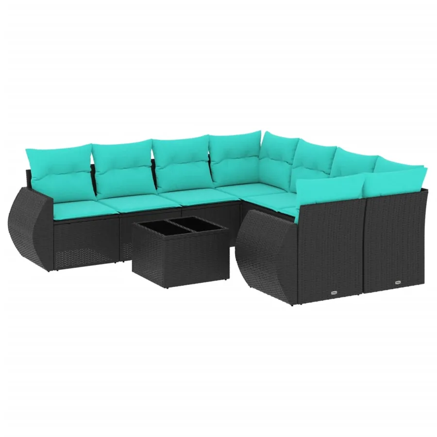 Ensemble de canapé de jardin 9 pcs avec coussins noir résine tressée - 2