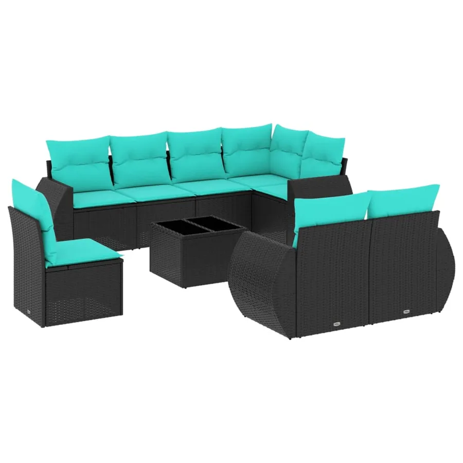 Ensemble de canapé de jardin 9 pcs avec coussins noir résine tressée - 2