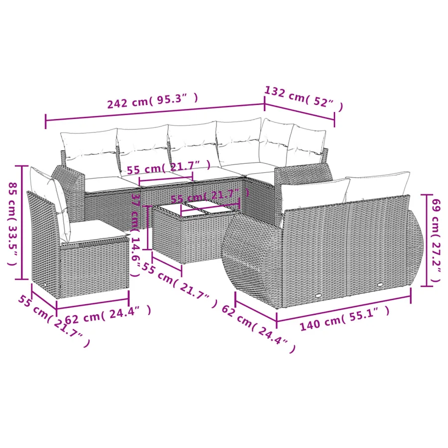 Ensemble de canapé de jardin 9 pcs avec coussins noir résine tressée - 7