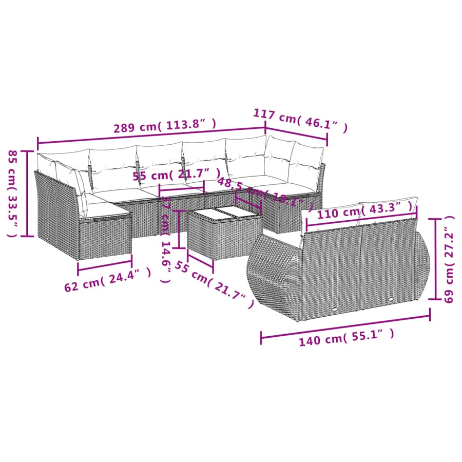 Ensemble de canapé de jardin 10 pcs avec coussins noir résine tressée - 8
