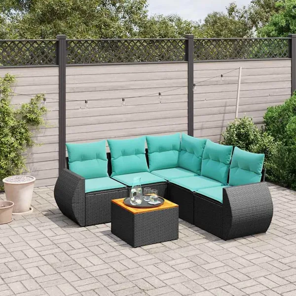 Ensemble de canapé de jardin 6 pcs avec coussins noir résine tressée