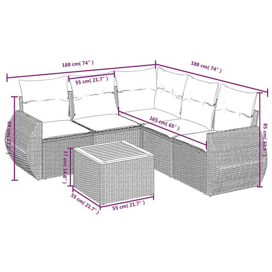 Ensemble de canapé de jardin 6 pcs avec coussins noir résine tressée - 8