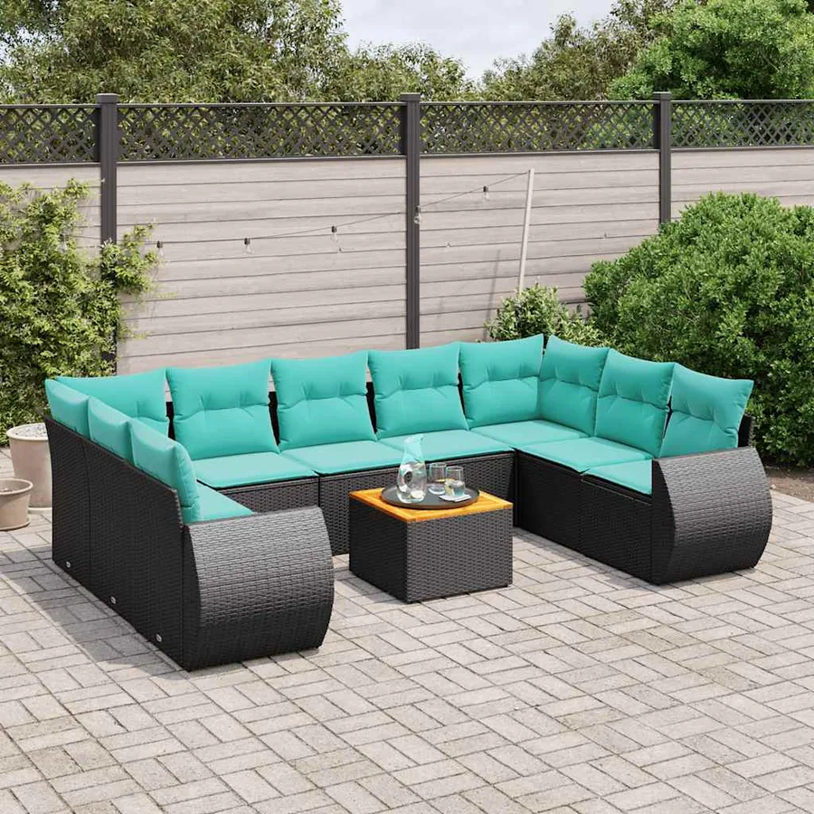 Ensemble de canapé de jardin 10 pcs avec coussins noir résine tressée