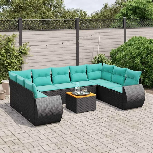 Ensemble de canapé de jardin 10 pcs avec coussins noir résine tressée