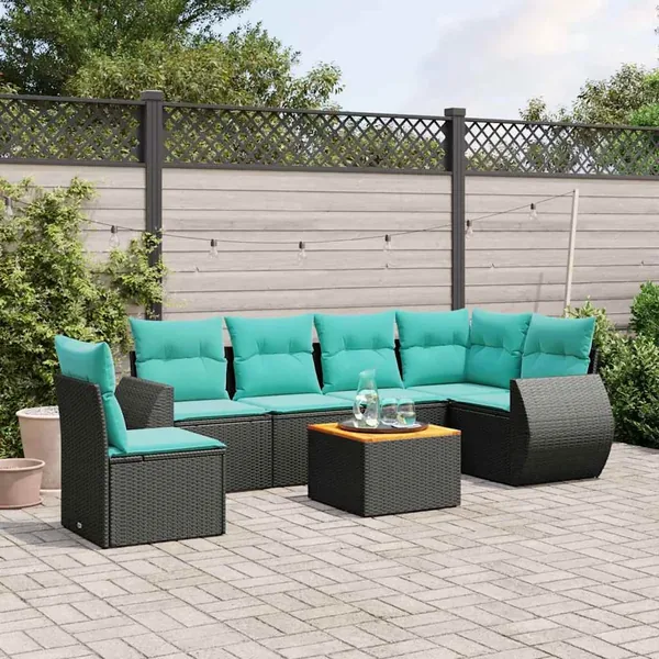 Ensemble de canapé de jardin 7 pcs avec coussins noir résine tressée