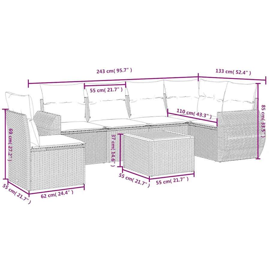 Ensemble de canapé de jardin 7 pcs avec coussins noir résine tressée - 8