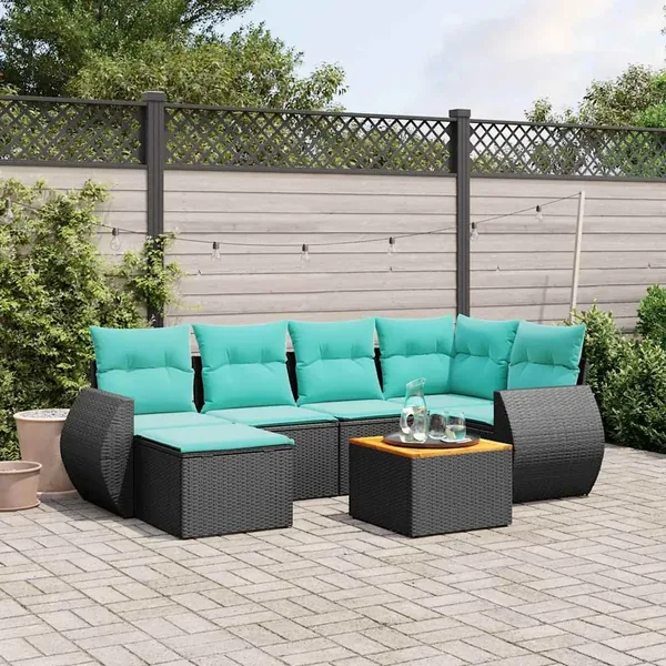 Ensemble de canapé de jardin 7 pcs avec coussins noir résine tressée